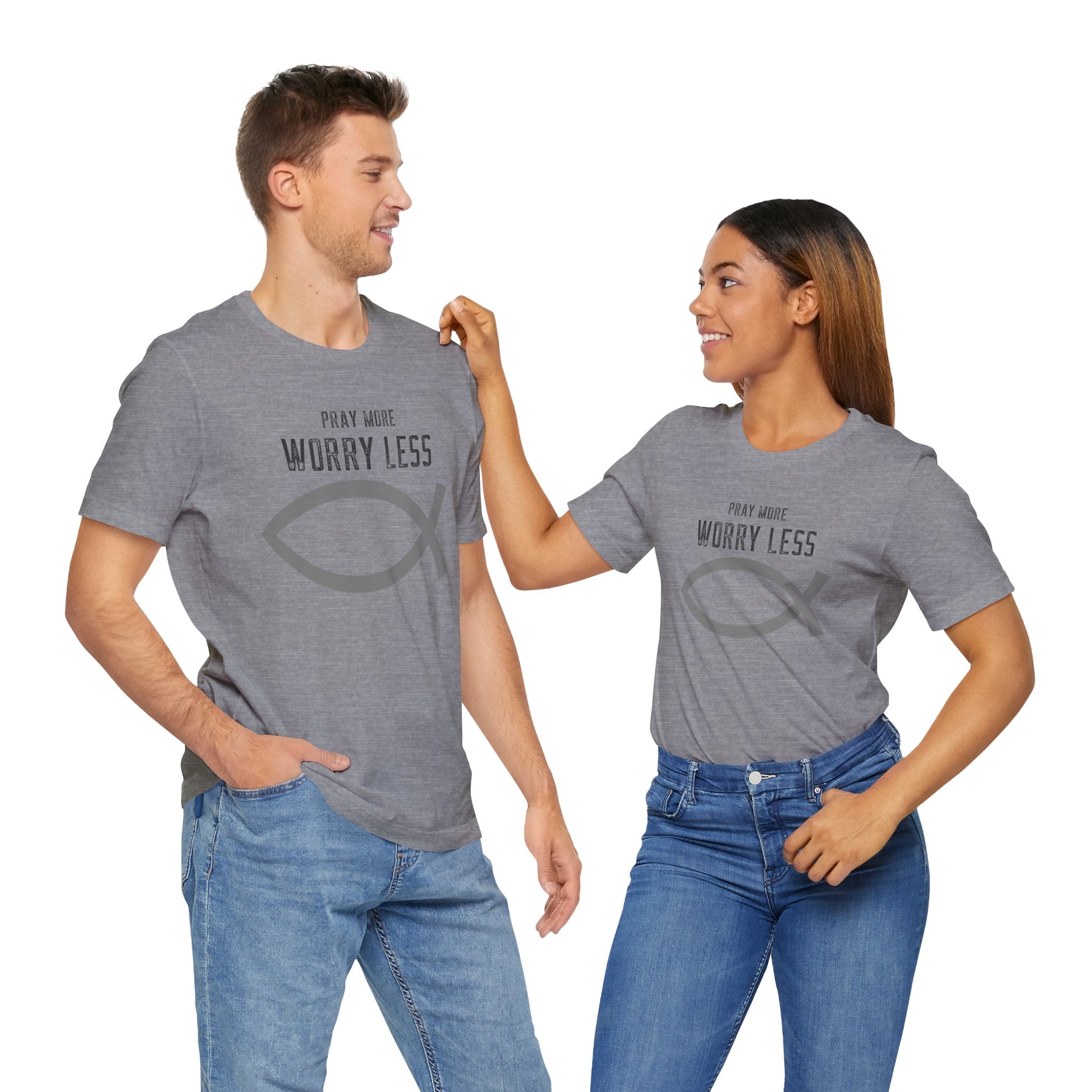 Faith-Pray more worry less Unisex Tee unisex, Christian fish Shirt, Spiritual Gift, Casual Wear, Perfect for Holidays, Christian Attire, Gifts.