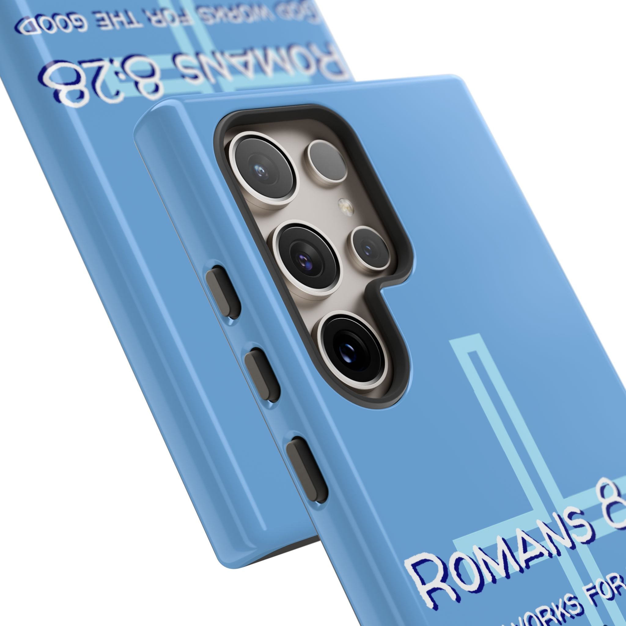 Light Blue Samsung series - Romans 8:28 God works for the Good of those who loves him. Samsung Series Tough Cases for Faith & Inspiration, Christian Gifts, Stylish Protection, Bible Verse Accessories