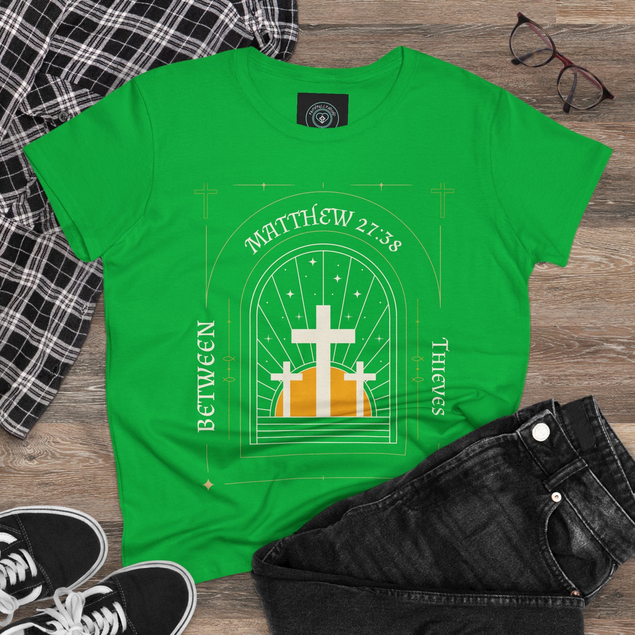 Women's Tee, Casual Faith Shirt semi fitted, Matthew 27:38 Affirmation Top, Godly Girl graphic Tee, Gift for Her - Between thieves.