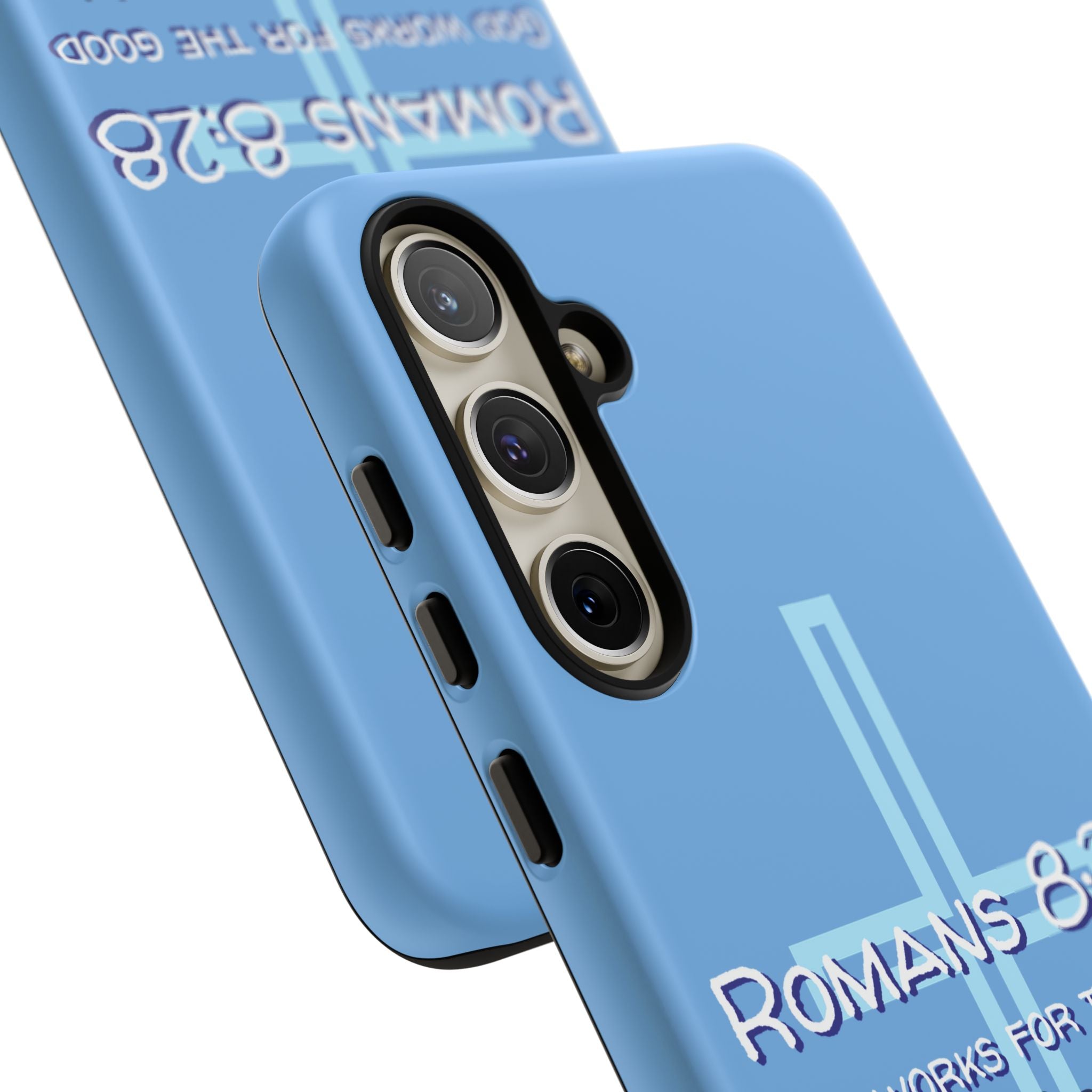 Light Blue Samsung series - Romans 8:28 God works for the Good of those who loves him. Samsung Series Tough Cases for Faith & Inspiration, Christian Gifts, Stylish Protection, Bible Verse Accessories