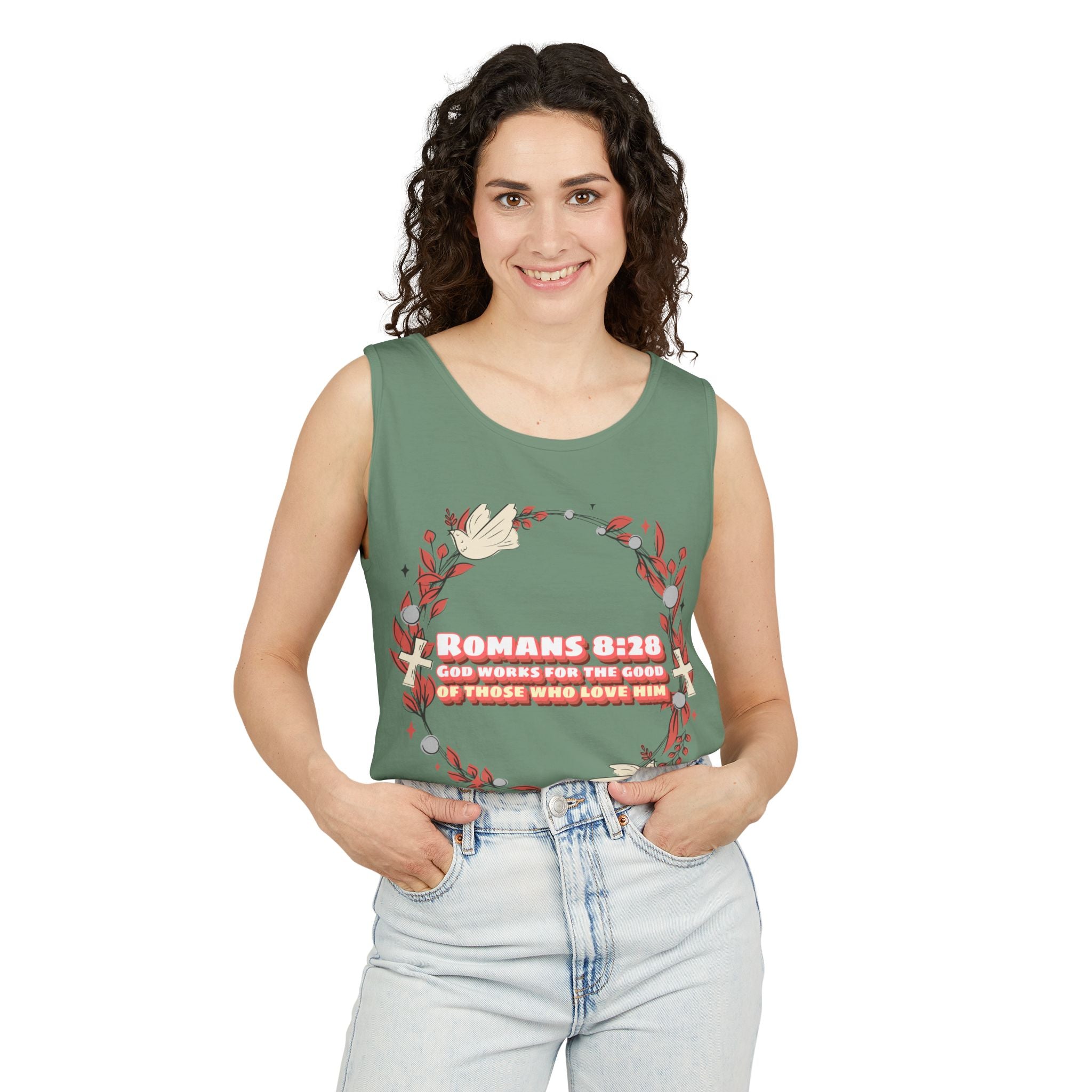 Faith-Inspired Tank Top, ROMANS 8:28, Summer Essential, Religious Gift, Casual Wear, Christian Apparel
