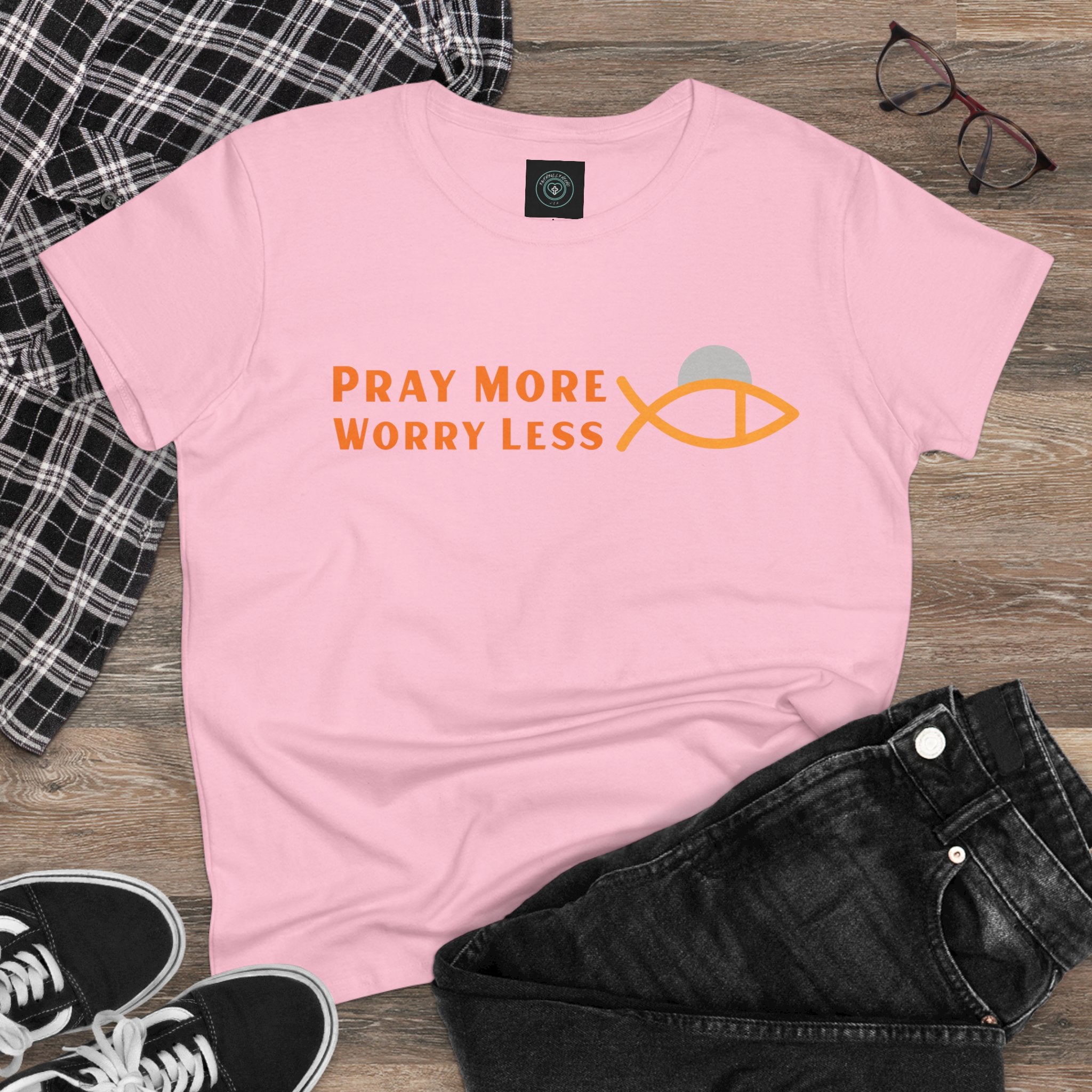 Cotton Tee for Ladies - Pray More Worry Less - Semi-fitted