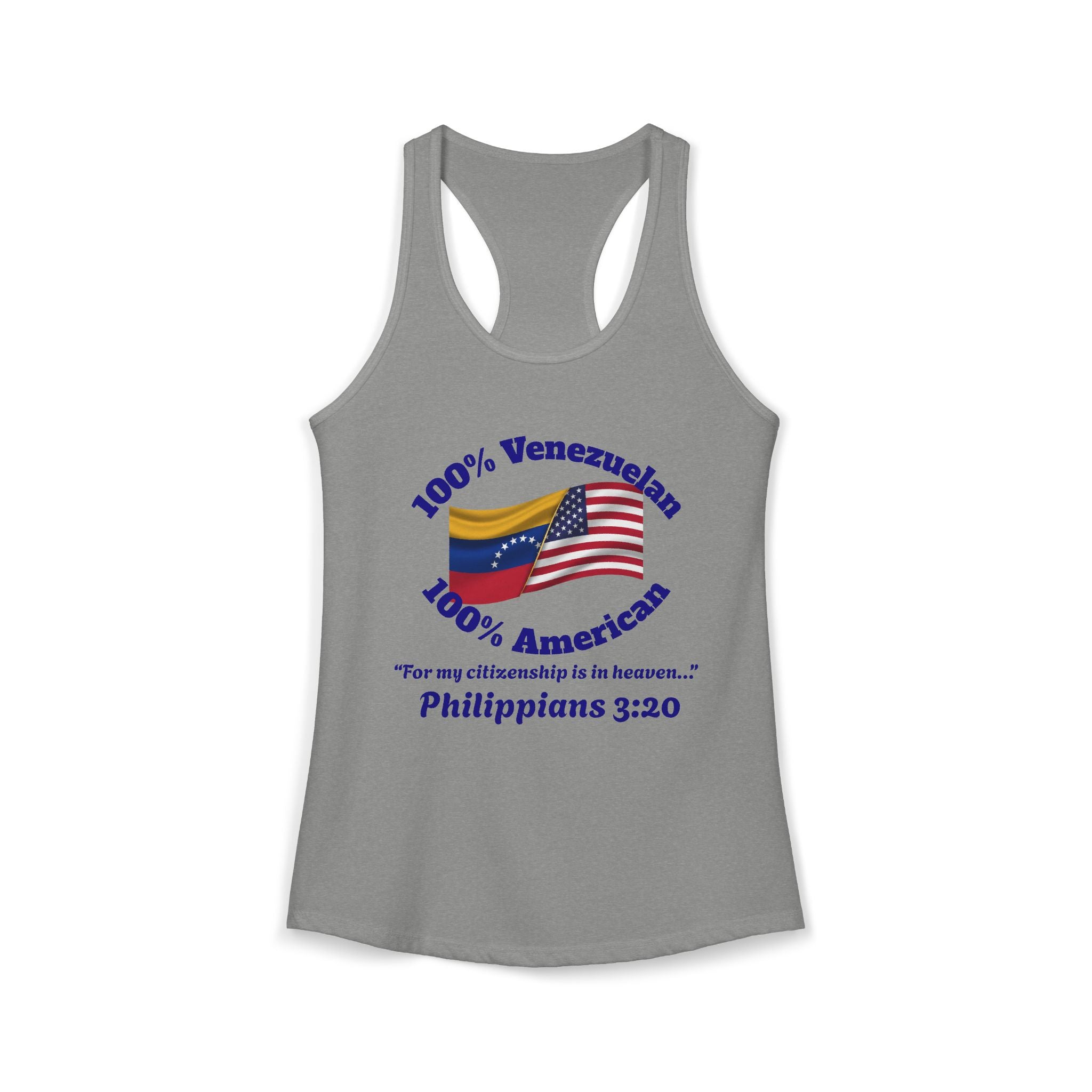 Heavenly Citizenship Racerback Tank — "Venezuelan and American but my citizenship is in Heaven"