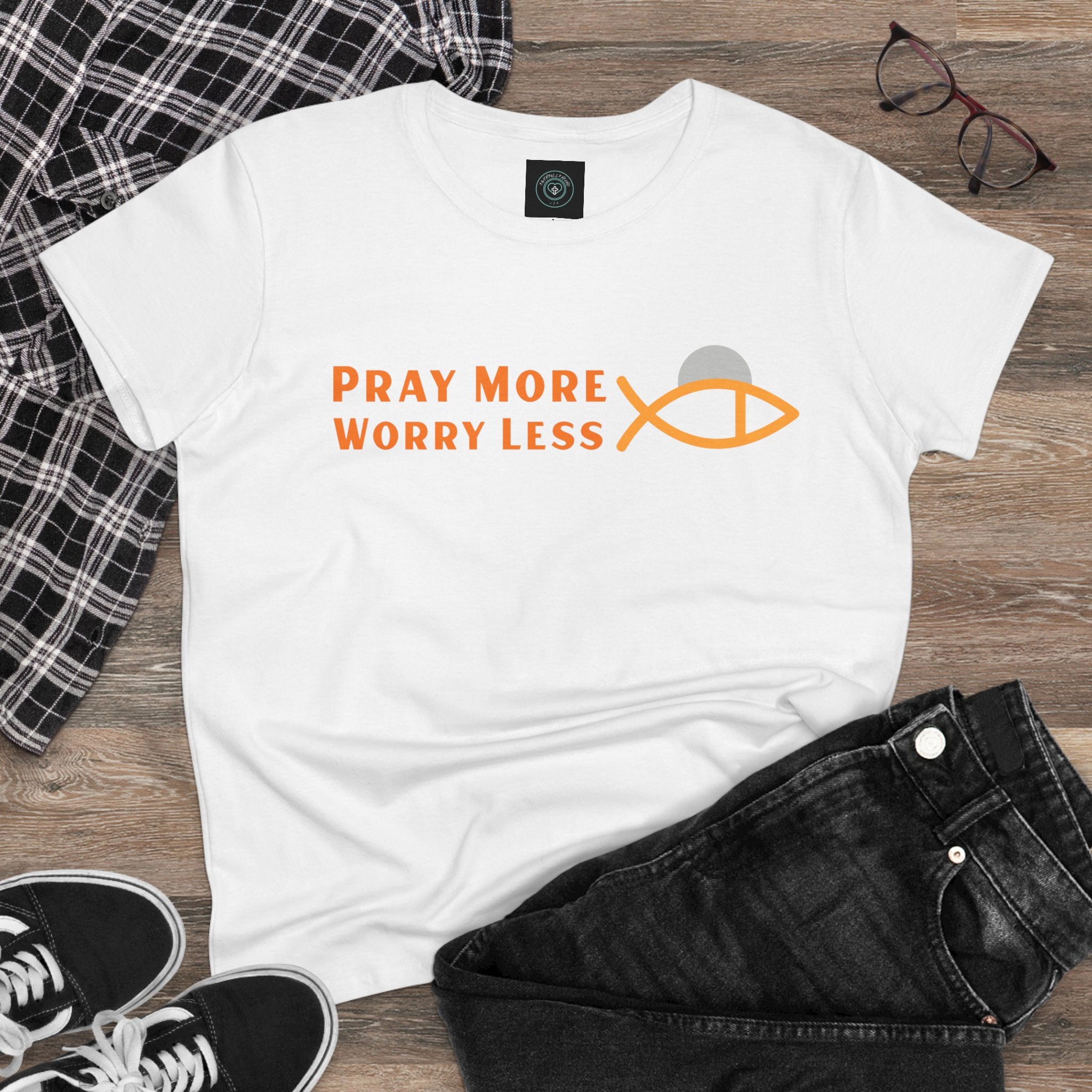 Cotton Tee for Ladies - Pray More Worry Less - Semi-fitted