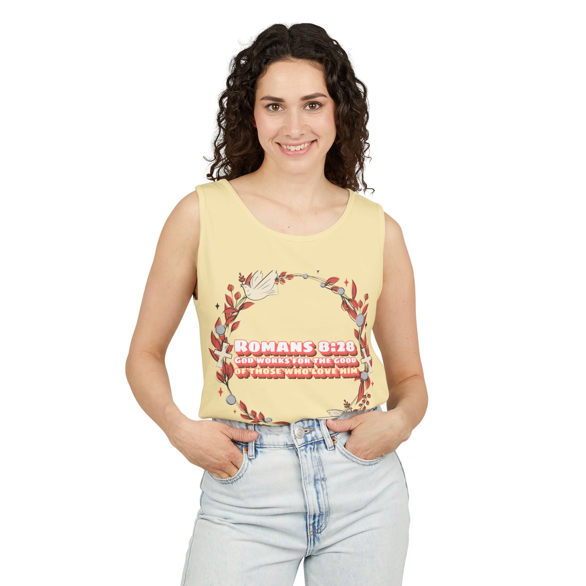 Faith-Inspired Tank Top, ROMANS 8:28, Summer Essential, Religious Gift, Casual Wear, Christian Apparel