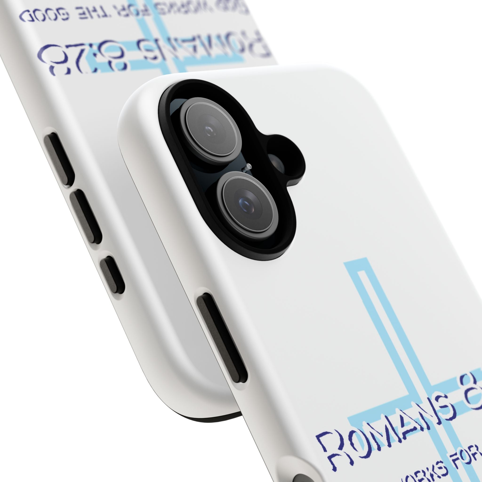 White Case of iPhone series -Romans 8:28 God works for the Good of those who loves him. Tough Cases for Faith & Inspiration, Christian Gifts, Stylish Protection, Bible Verse Accessories