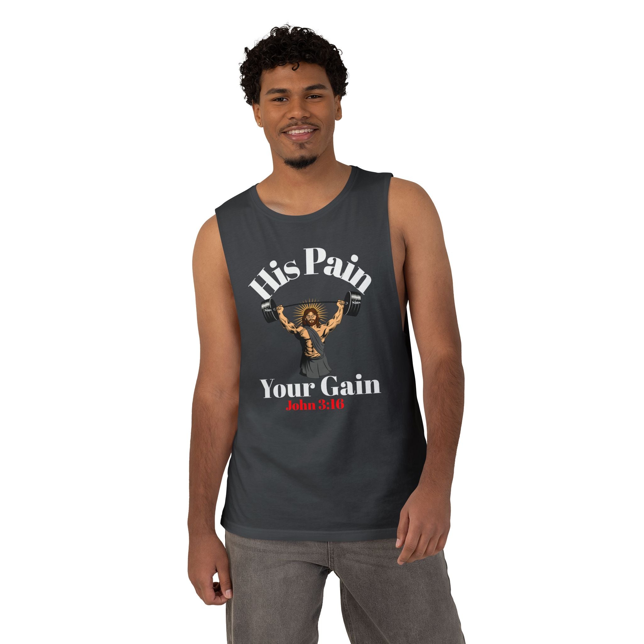 His Pain, Your Gain – Christian Workout Tank – Unisex Faith & Fitness Gym Apparel- Gym Summer - Faithfully Hecho