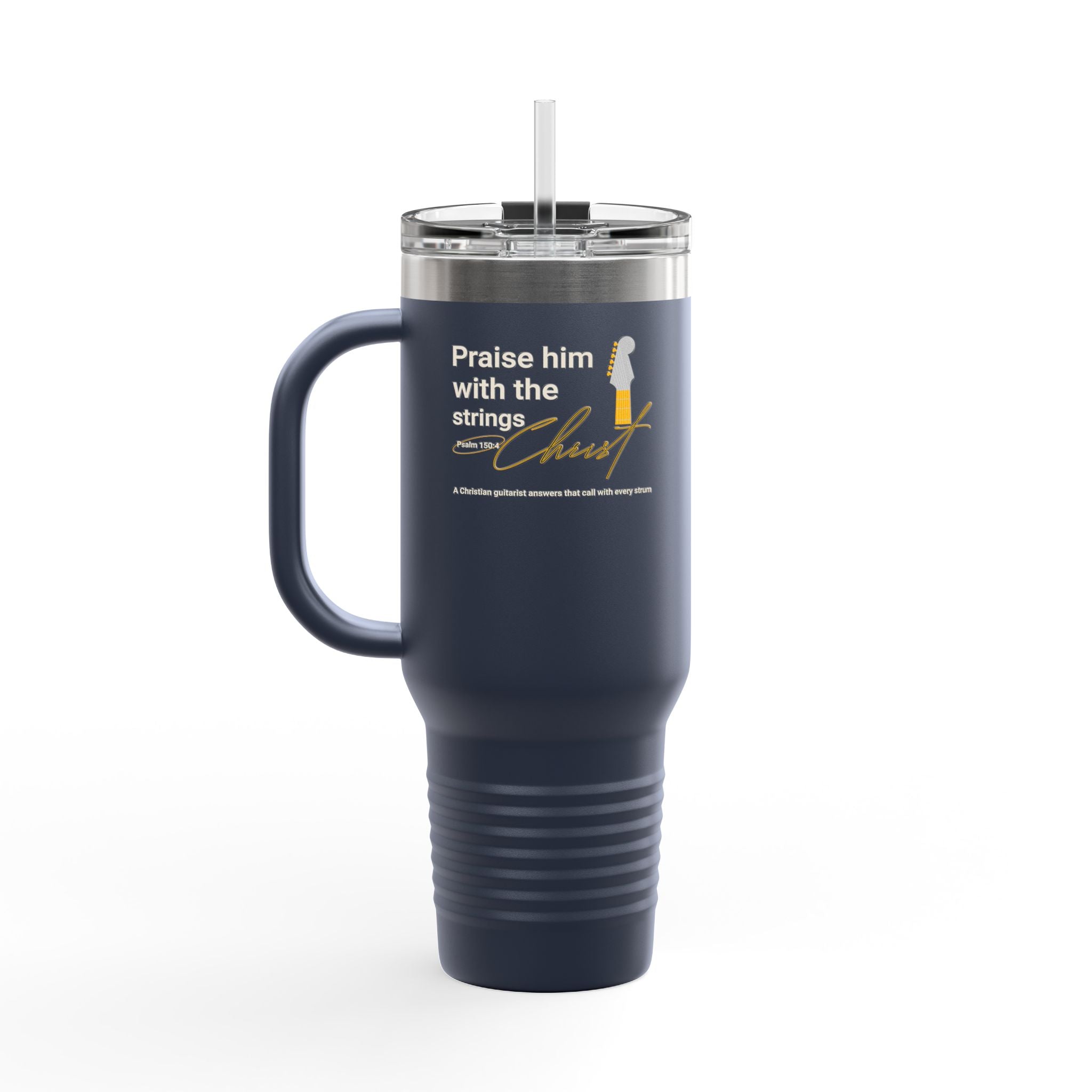 Personalized Insulated Travel Mug. Insulated Travel Mug with Inspirational Quote Praise God with the strings. Perfect Gift for Travelers & Those on the Go or a guitar player.