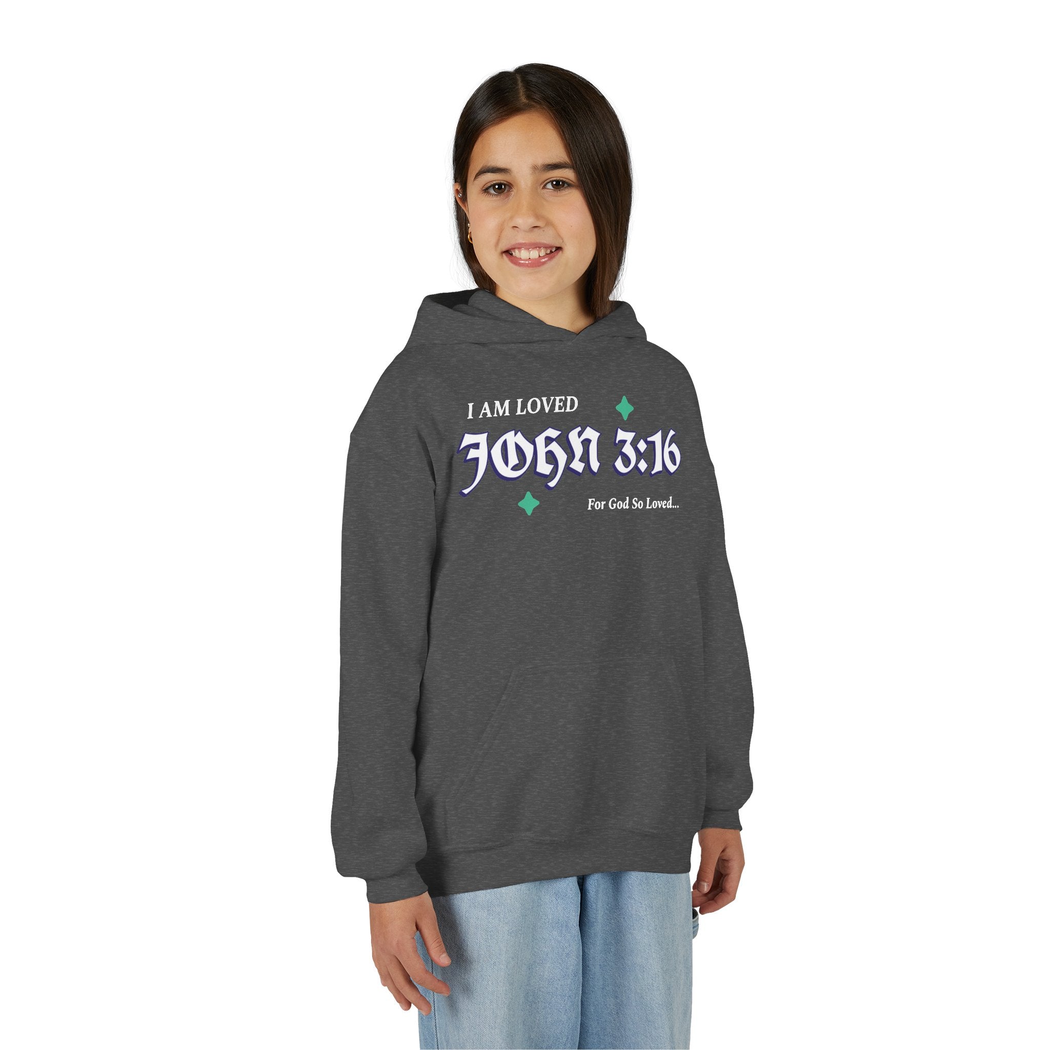 Inspirational Youth Hoodie - "I Am Loved - John 3:16" - Christian Gift for Teens , School Faith Sweatshirt, Cozy Church Wear