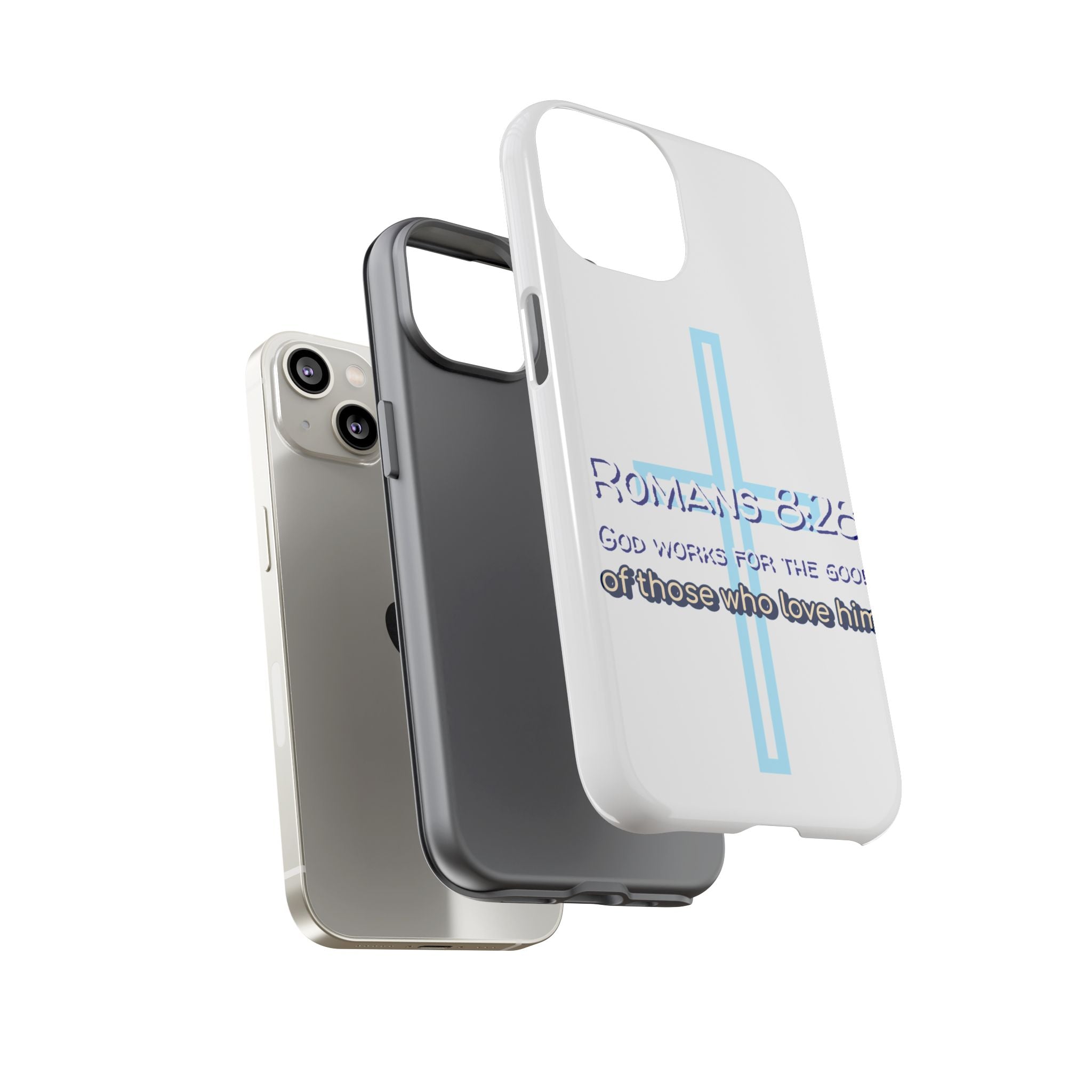 White Case of iPhone series -Romans 8:28 God works for the Good of those who loves him. Tough Cases for Faith & Inspiration, Christian Gifts, Stylish Protection, Bible Verse Accessories