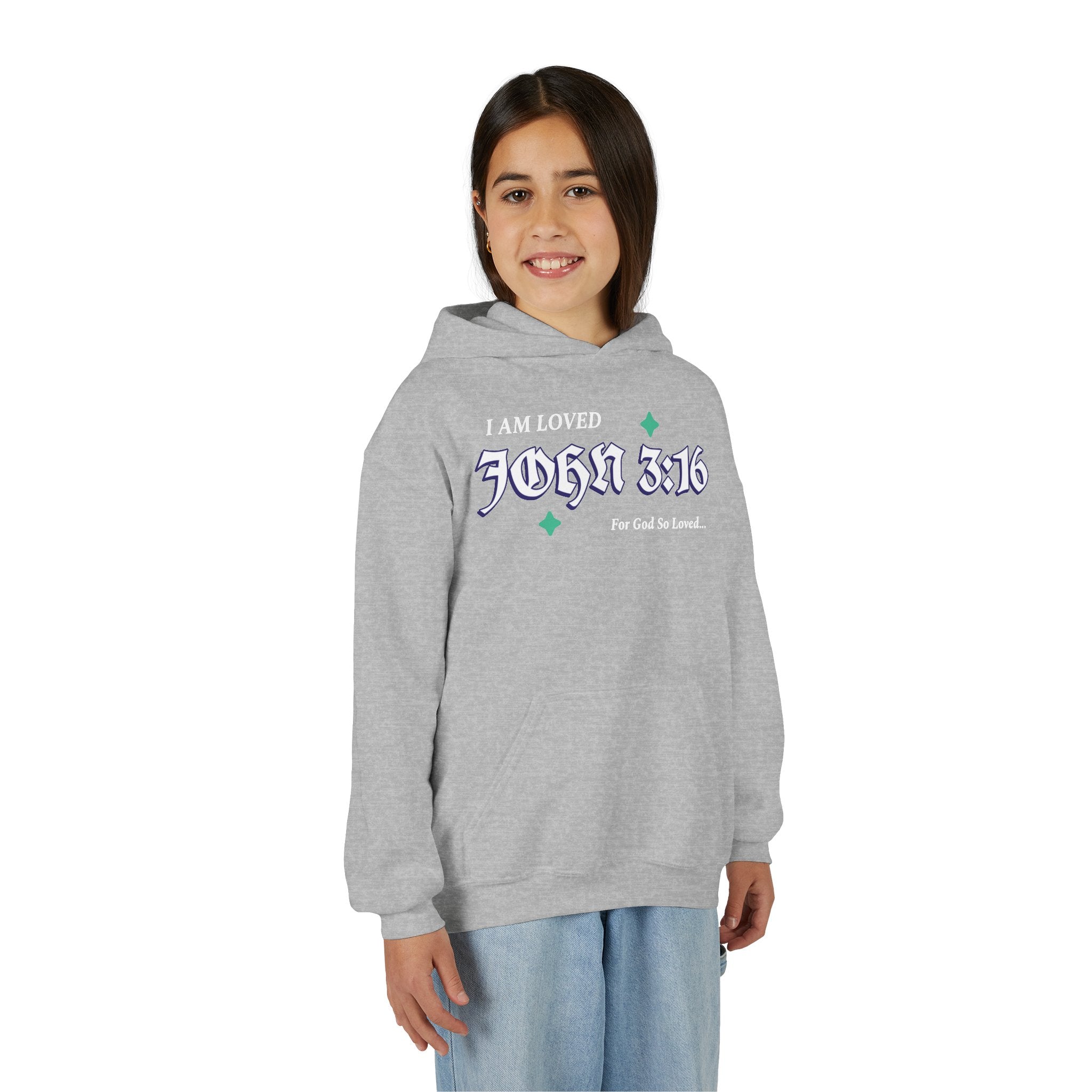Inspirational Youth Hoodie - "I Am Loved - John 3:16" - Christian Gift for Teens , School Faith Sweatshirt, Cozy Church Wear
