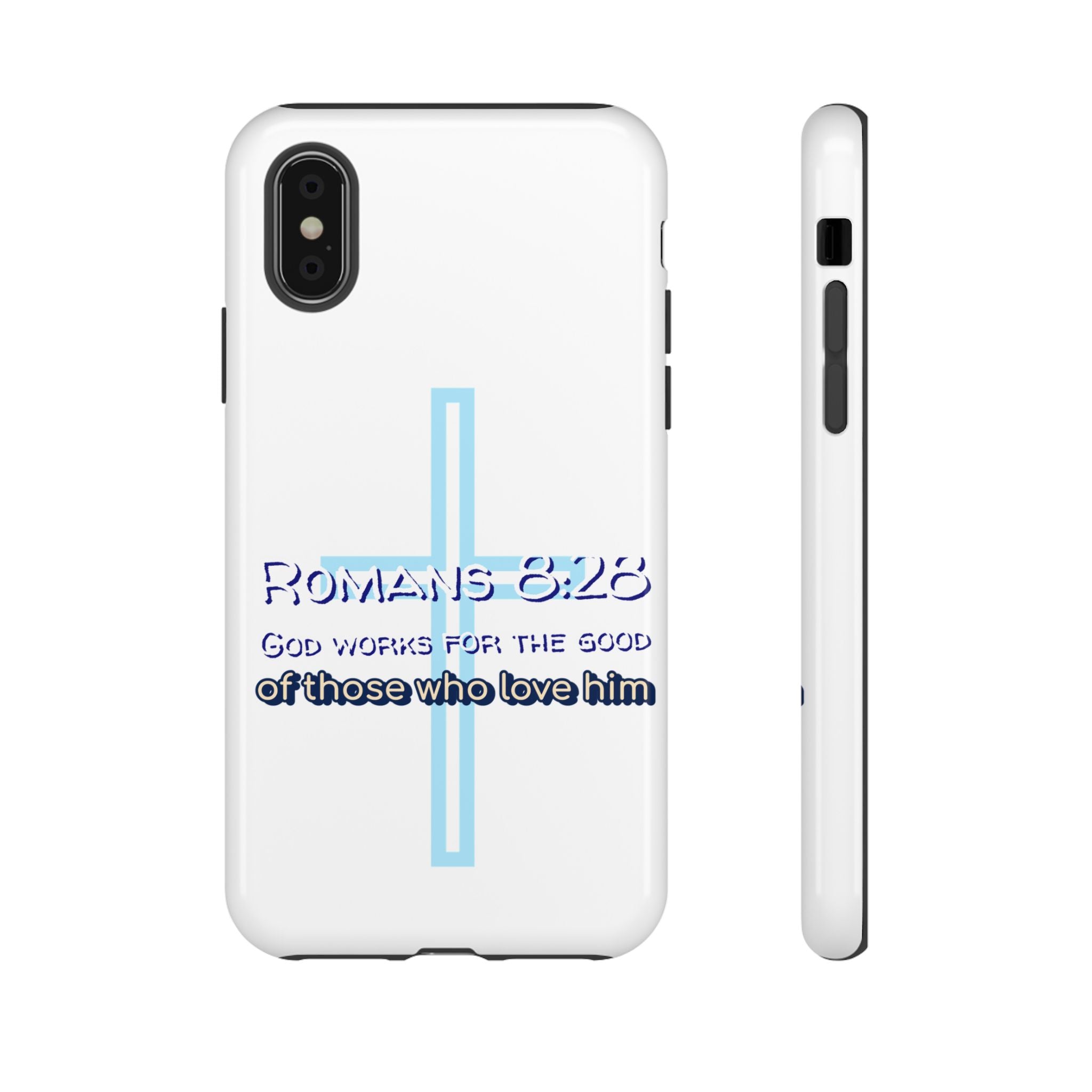 White Case of iPhone series -Romans 8:28 God works for the Good of those who loves him. Tough Cases for Faith & Inspiration, Christian Gifts, Stylish Protection, Bible Verse Accessories